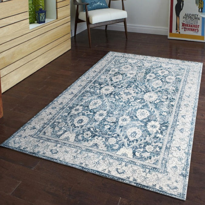 Echo 801 Blue Washable Rug in Size 120cm x 160cm